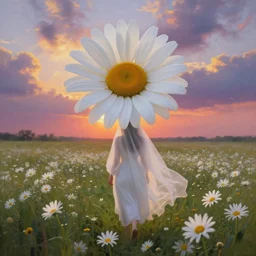 giant white daisy flowers as head, veiled girl walking in a flower field, surreal photography, sunrise, dramatic light, impressionist painting, colorful clouds, digital painting, artstation, simon stalenhag