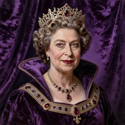 Queen Elisabeth II is a vampire, portrait, epic fantasy game, Background is a curtain of purple Velvet, oil painting, hyper detailed, hyper realistic, by Botticelli, portrait