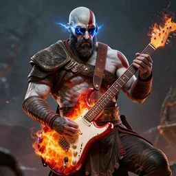 sunglasses kratos shredding on a flaming stratocaster guitar, cinematic render, god of war 2 0 1 8, santa monica studio official media, sunglasses, lightning