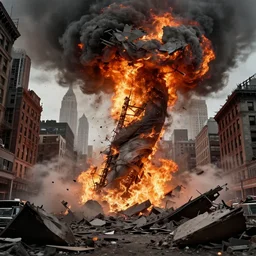 movie poster of new york city destroyed bu tornado, fire, debris, destruction, hyperdetailed, artstation, cgsociety, 8 k