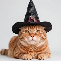 photographic portrait of a big orange tabby cat wearing a wizard hat