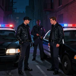 two mafia criminals meet late at night in a dark alley in new york, a suspicious black car is parked next to them, police car lights, digital illustration, amazing detail, in the style of greg rutkowski