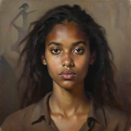 detailed portrait in femininity, realistic face sculpted features, ethnic, exotic, melanin, deep clear eyes, statuesque, warm glowing skin, wild hair, collared shirt, chiaroscuro, tangible, angular impressionism, mocha, ambient, arabesque backdrop, contemporary, modern fashion, natural colors, oil on canvas