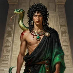 portrait of a beautiful young slim male aztec priest of the snake god, curly black hairs, covered in blood, fluent robes, by greg rutkowski and alphonse mucha, d & d character, gradient black to green, ziggurath background, highly detailed portrait, digital painting, artstation, concept art, smooth, sharp focus ilustration, artstation hq