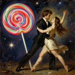 cosmic lollipop with man and woman dancing. painting by agnes pelton, jan van eyck