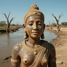 close-up of a crying ancient dried up Oshun, peaceful, facing the camera and standing in front of a dried up river in a desolate land, dead trees, blue sky, hot and sunny, highly-detailed, elegant, dramatic lighting, artstation, 4k, cinematic landscape, photograph by Elisabeth Gadd