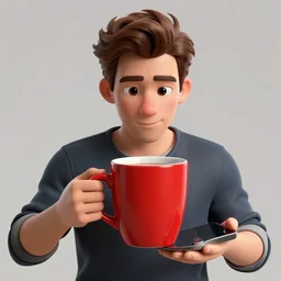 portrait of a ( ( ( large red ceramic mug of coffee ) ) ), ( ( dotado handsome young italian ) ), drinking coffee, 3 d photorealistic, concept character, by filip hodas