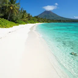 white beaches, turqoise water, coral reefs, lush paradise island, an active volcano is seen in the distance, intricate, hyper detailed, artstation, concept art, smooth, sharp focus, ray tracing, vibrant, photorealistic, albert bierstadt