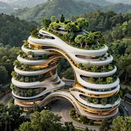 architectural futuristic iconic building, zaha hadid covered by nature, trees in terraces, sustainable, white, gold and black colors, volumetric lighting surrouded by forest, hyper detailed, futuristic, octane render 8 k, denoise, post process, photoreal