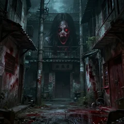 3 d game cg, supernatural terror in the republic of china. old chinese residential street, fresh blood stains, horror scenes, blood colored eyes in the dark.. artstation trending, unreal engine, hyperdetailed, 4 k