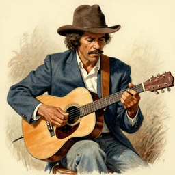 drawing of robbie basho the influential folk blues and fingerstyle guitar player in the style of jc leyendecker