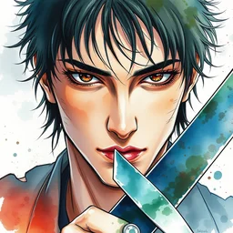 a watercolour manga portrait illustration by sui ishida and alphons mucha of an male with a sword highly detailed anime eyes with cyberpunk theme by issey miyake and balenciaga 8 k