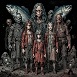 detailed image of a creepy family in the deep space by richard corben, rich deep colors. masterpiece . intricate artwork, cinematic, hyper realism, high detail,  unreal engine, 8k, Smooth gradients, High contrast, depth of field, fishes eye. full body character drawing, clean ink detailed line drawing, intricate detail, extremely detailed.