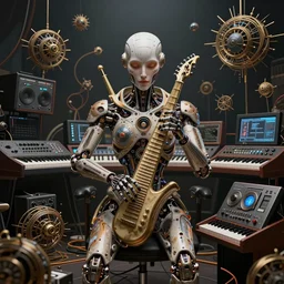 a centered photo of a mystical post apocalyptic cyborg plays instruments on the most complicated fractal and technical musical studio equipment, powerful, cinematic, beautifully lit, by artgerm, by karol bak, 3 d, perfect face and body, trending on artstation, octane render, 8 k