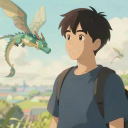 friendly guy with flyling dragon around in ghibli artstyle, high detal, smooth, 8k,