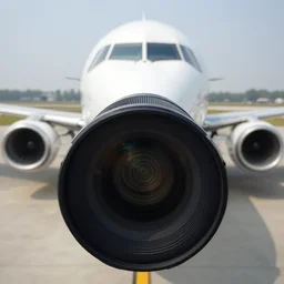 airplane facing camera, telephoto zoom,