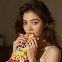 a woman with brown hair is entangled by a big snack