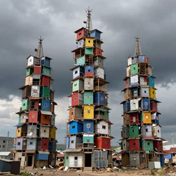 three towers, made up of colourful makeshift squatter shacks, dystopia, hasselblad x 1 d, moody sky at the back, fully frontal view, very detailed, ultra sharp, photographed by jeanette hagglund