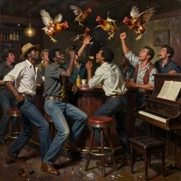 a messy rowdy oil painting of men gatecrashing a bar, barstool and chickens flying through air, smooth, sharp focus, black men, rednecks, deep south, piano, ultrarealistic, intricate, art by dean cornwell and howard finster, paint splatters, artstation, octane render, low contrast, cinematic, dynamic volumetric lighting by delphin enjolras