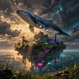 abstract night fantasy landscape with an island, a whale in the sky, a dark fantasy scene, an unreal world, a fish, a whale. reflection of neon light, water, depths of the sea, cinematic view, epic sky, detailed, concept art, low angle, high detail, warm lighting, volumetric, godrays, vivid, beautiful, trending on artstation, by jordan grimmer, huge scene, grass, art greg rutkowski