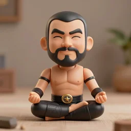 product photography of a luchador with comically large heads and hands sitting in meditation in a calm relaxing environment, product photography, highly realistic, award winning toy design, ambient occlusion, digital art,