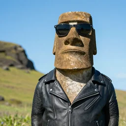 A moai statue wearing sunglasses and a biker jacket, HD photo