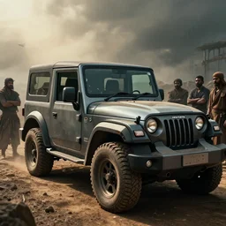 Mahindra thar, tribe members watching nearby, an epic fantasy, dramatic lighting, cinematic, establishing shot, extremely high detail, photorealistic, cinematic lighting, artstation, by simon stalenhag, shadow of the tomb rider
