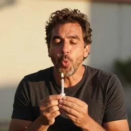an incredibly attractive middle - aged man called miguel schneider happily blowing birthday candles, golden hour