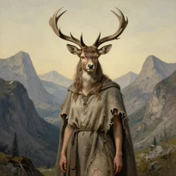 A detailed horned deerwoman stands among the mountains. Wearing a ripped mantle, robe. Perfect faces, extremely high details, realistic, fantasy art, solo, masterpiece, art by Zdzisław Beksiński, Arthur Rackham, Dariusz Zawadzki