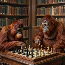 an epic matte painting of two orangutans playing chess in a library, in the style of henri matisse and algernon blackwood, highly detailed digital art, photorealistic