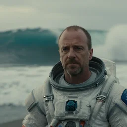 on ocean , bokeh !!cinematic close up shot of saul goodman wearing the spacesuit in scene from the movie interstellar ,shady dull weather, panorama,natural dull colours, anamorphic, epic cinematic,  exteremely giant ocean wave in background