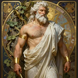 painted portrait of rugged zeus greek god, [ white hair ] [ gold cuffs ] masculine mature mountain vines handsome imposing, body hair, full body burly robe fantasy intricate elegant extremely detailed digital painting trending artstation concept art sharp focus illustration art by alphonse mucha greg rutkowski craig mullins