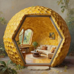 interior of a pentagon shaped honeycomb themed cabin by philippe starck and victoria hagan, detailed digital painting masterpiece, gorgeous, 4 k