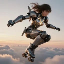 biblical shy beautiful female mecha mage android robot, jump, rollerblades, heavy eyes to the side, closeup, bright glowing veins, in clouds, sunset, portrait, by gerald brom, by mikhail vrubel, by peter elson, muted colors, extreme detail, reflections, trending on artstation, 8 k