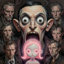 gediminas pranckevicius | close up portrait of a monster in the sinister valley of despair, one mouth, one nose, two eyes, oil painting by tomasz jedruszek, cinematic lighting, pen and ink, anthropomorphic highly detailed group portrait of funny mr bean neon giant cute eyes girl, intricate, elegant, highly detailed, digital painting, artstation, concept art, smooth, sharp focus, illustration, art by artgerm, bob eggleton, michael whelan, stephen hickman, richard corben, wayne barlowe