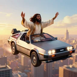 3 d vfx art of an african jesus jesus in a flying delorean over the city, art style by ernie barnes & drew struzan, unreal engine render, digital illustration, sharp, intricate detail, global illumination, golden hour, ray tracing, back 2 the future, drew struzan poster style, pinterest, artstation, behance