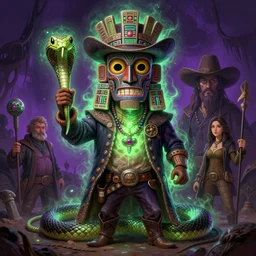 hyperreal totem snakeoil brand snake oil salesman petroleum cowboy totem aztek greeble tribal style heartstone cowboy snake salesman ornate fantasy dofus by Krzysztof Maziarz artstation wild west alchemical afrika mask color radiating a glowing aura, purple green color scheme Lois van baarle, ilya kuvshinov, rossdraws global illumination