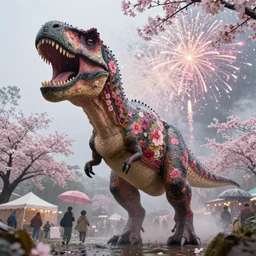 a beautiful t - rex!!! roaring ferociously. low angle. floral sakura japanese t - rex!!! at a fireworks sakura t - rex!!! festival. rainy, dreamlike art, mist, realistic shaded, fine details, 4 k realistic, cryengine, realistic shaded lighting poster by greg rutkowski, magali villeneuve, artgerm, jeremy lipkin and