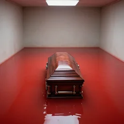 a room, empty with a coffin in the middle, flooded with red water