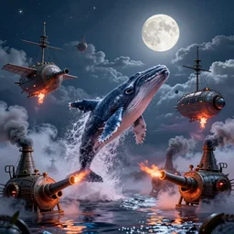 whales jumping over steampunk airships on a cloudy night lit by the full moons in the sky, by Didier Graffet, by Min Guen, by Giovani Magana, vivid colors, smokey cannons, flames, reflective surfaces, foggy