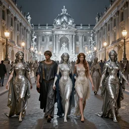 composition - assisted reconstructions of dead or deleted paladins and sages, magnates and philosophers, walked by night the boulevards of the aurelian palace - city, arm - in - arm with extrapolated demigoddesses from imagined superhuman futures, or languid - eyed lamia from morbid unrealized alternatives, and strolled or danced among the monuments and energy sculptures, fountains, dream fixtures, and phantasms, all beneath a silver city