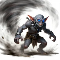 a highly detailed goblin with grey skin and blue eyes that glow, like magic the gathering, goblin chainwalker, caught in a tornado, digital art, by christopher rush