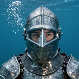 Underwater photo of a beautiful medieval knight by Trent Parke, staring at a camera through a visor, close up, huge bubbles, metallic patterns, clean, detailed