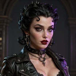 an intricately detailed ultra - realistic unreal engine 5 rendering of a portrait of neo gothic cyberpunk neon - leather bound betty page, concept art, intricate details, eerie, highly detailed, photorealistic, octane render, 8 k uhd art by kilian eng