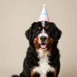 black bernadoodle with a white chest wearing a birthday hat