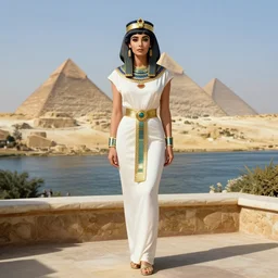 portrait young hot elizabeth taylor as egypt princess cleopatra on a open terrace, hands straight down, nile - river and pyramids view, full length shot, shining, 8 k highly detailed, sharp focus, illustration, art by artgerm, mucha, bouguereau