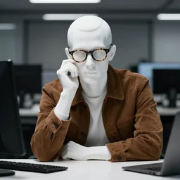 system analyst late night work, office, very coherent symmetrical, high contrast, depth of field, insanely detailed, handsome, white, classical pose, sitting at the table, blurred background, thoughtful pose, tortoise - rimmed glasses, left hand propping up the head, brown jacket, preppy style, smart casual, clean shaved