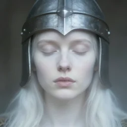 medieval helm!!!!!!!!, out of focus photorealistic portrait of a beautiful pale woman by sarah moon, very blurry, translucent white skin, closed eyes, foggy, pale lips