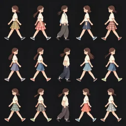 sprite sheet, 12 frames of a walking girl
