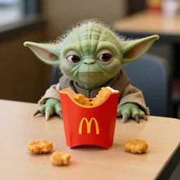 yoda, annoyed, yoda sitting behind a table inside mcdonald's, small red cardboard box on table, yellow m logo on box, chicken mcnugget, 3 5 mm, f / 2. 8